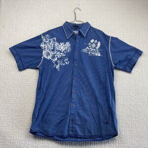 Y2K Denim Original Button Up Striped Shirt Distressed Men L Grunge Goth Blue